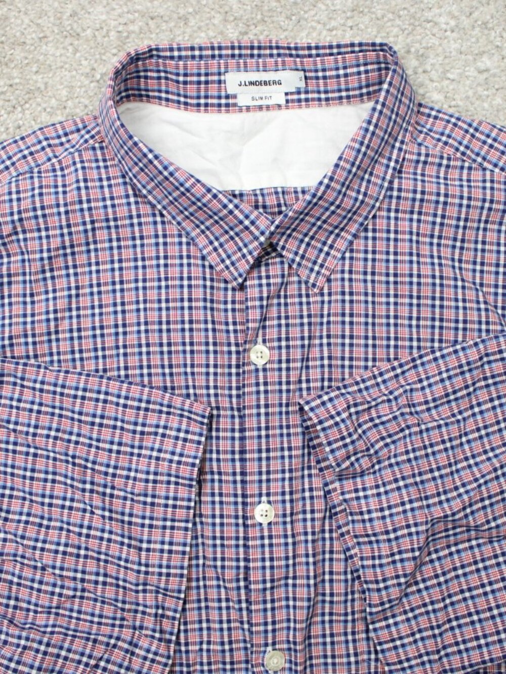 J. Lindeberg Shirt Men XL Blue/Red Slim Fit Roll Sleeve 100% Cotton Short Sleeve